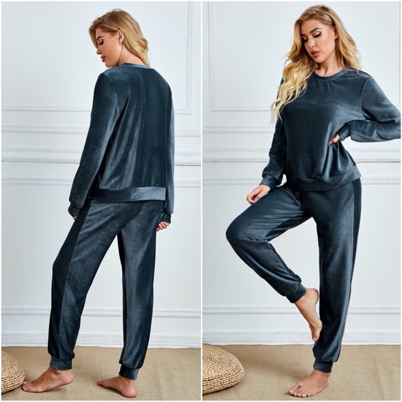 navy blue velvet long sleeve lounge pants set - Picture 4 of 4